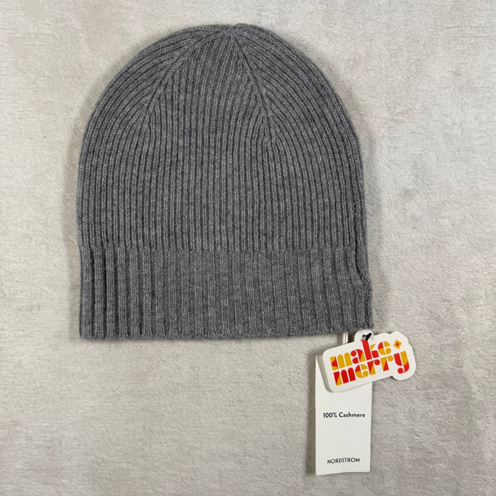 Nordstrom Cashmere Beanie Grey Heather Ribbed Knit Hat‎ NO459001NS NEW